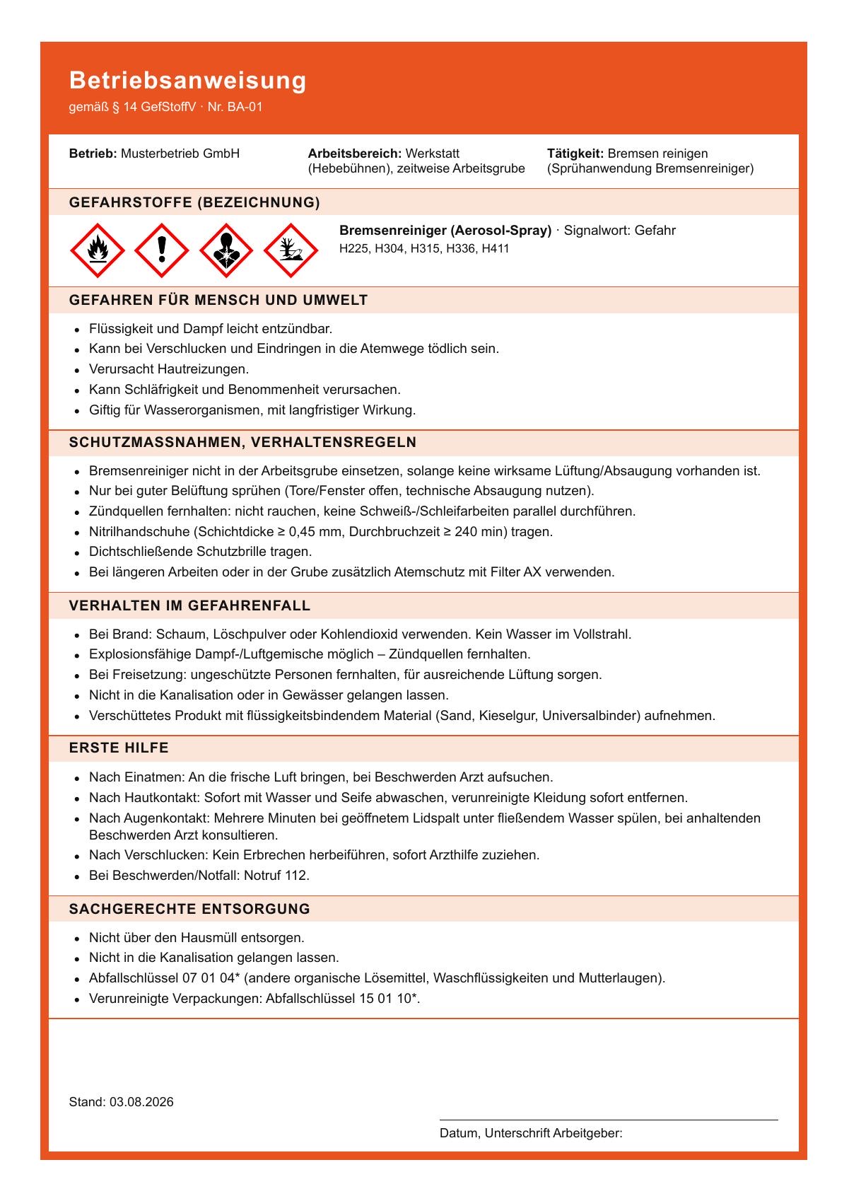 Muster einer Betriebsanweisung für Gefahrstoffe im orangen Layout, gegliedert nach TRGS 555